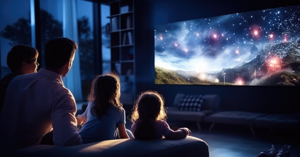 A family enjoying movie night with a large smart TV and streaming content from various platforms. Generative Ai.