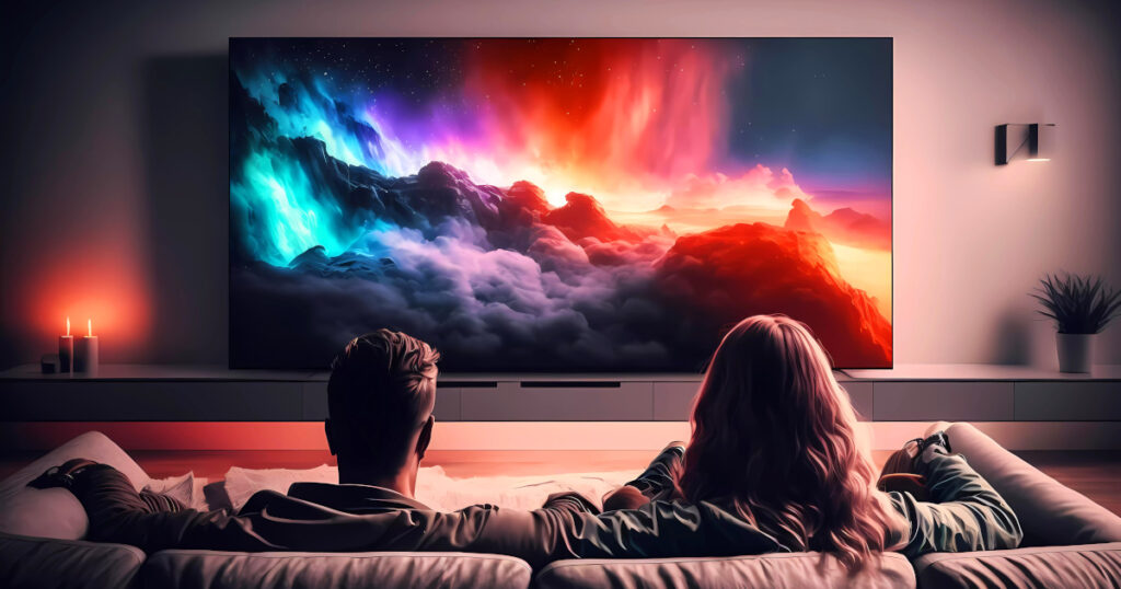 Couple watching tv at sofa. Generative ai design.