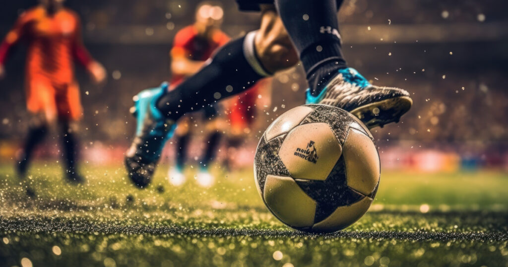 Close Up Football or Soccer Player Foot Playing With the Ball in Stadium. Created Generative AI