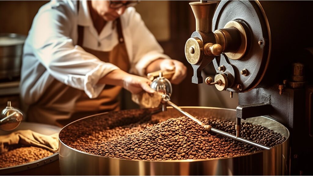 man grinds coffee